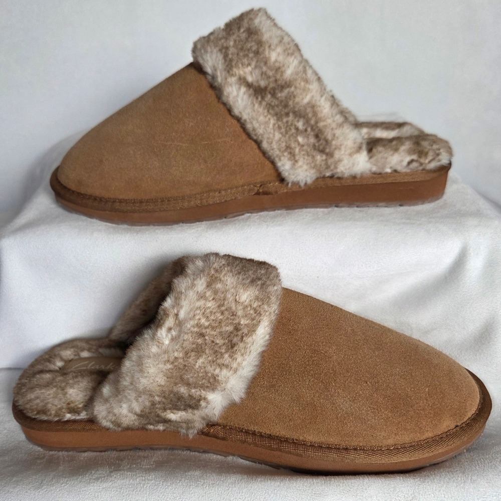 Clarks Womens Suede Fancy Fur Scuff Slippers Cinnamon Brown 10M LB0560 NEW